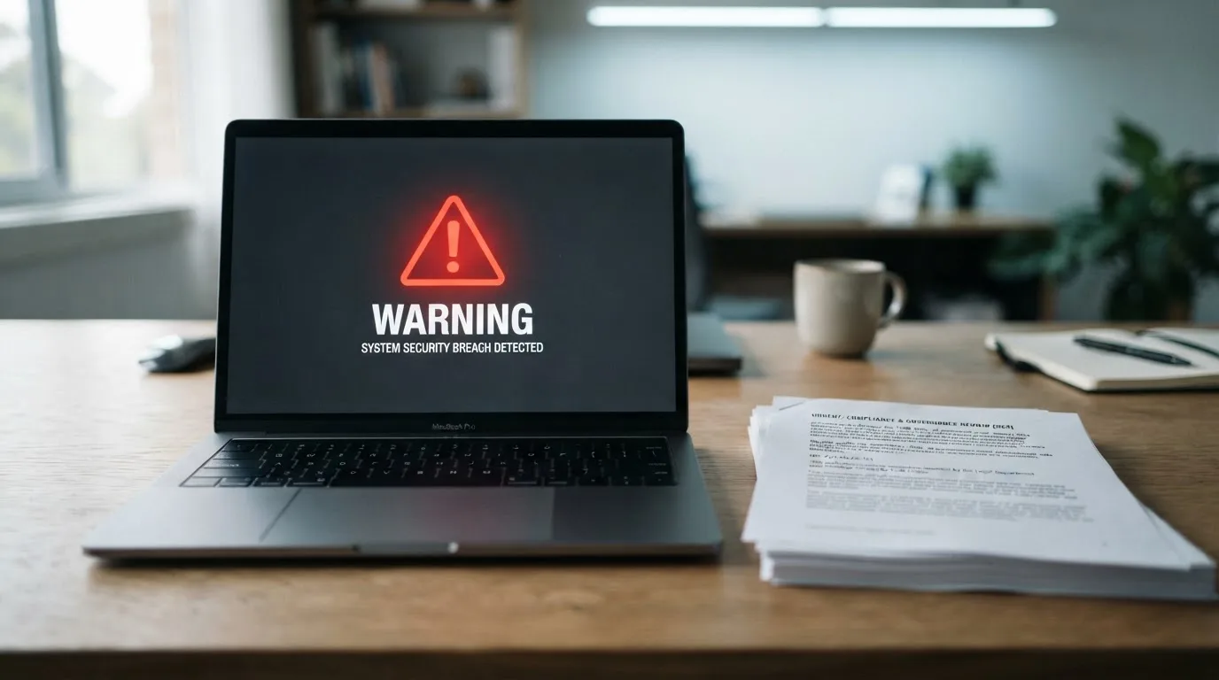 A red triangular warning sign icon on a laptop screen next to a stack of legal papers, symbolising an official caution rather than any specific website.