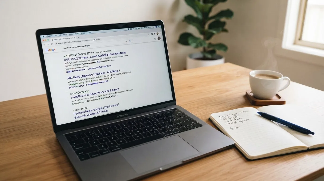 A tidy desk with a laptop open on a plain search-results page, a notebook and a coffee cup beside it, no screens showing any casino branding.