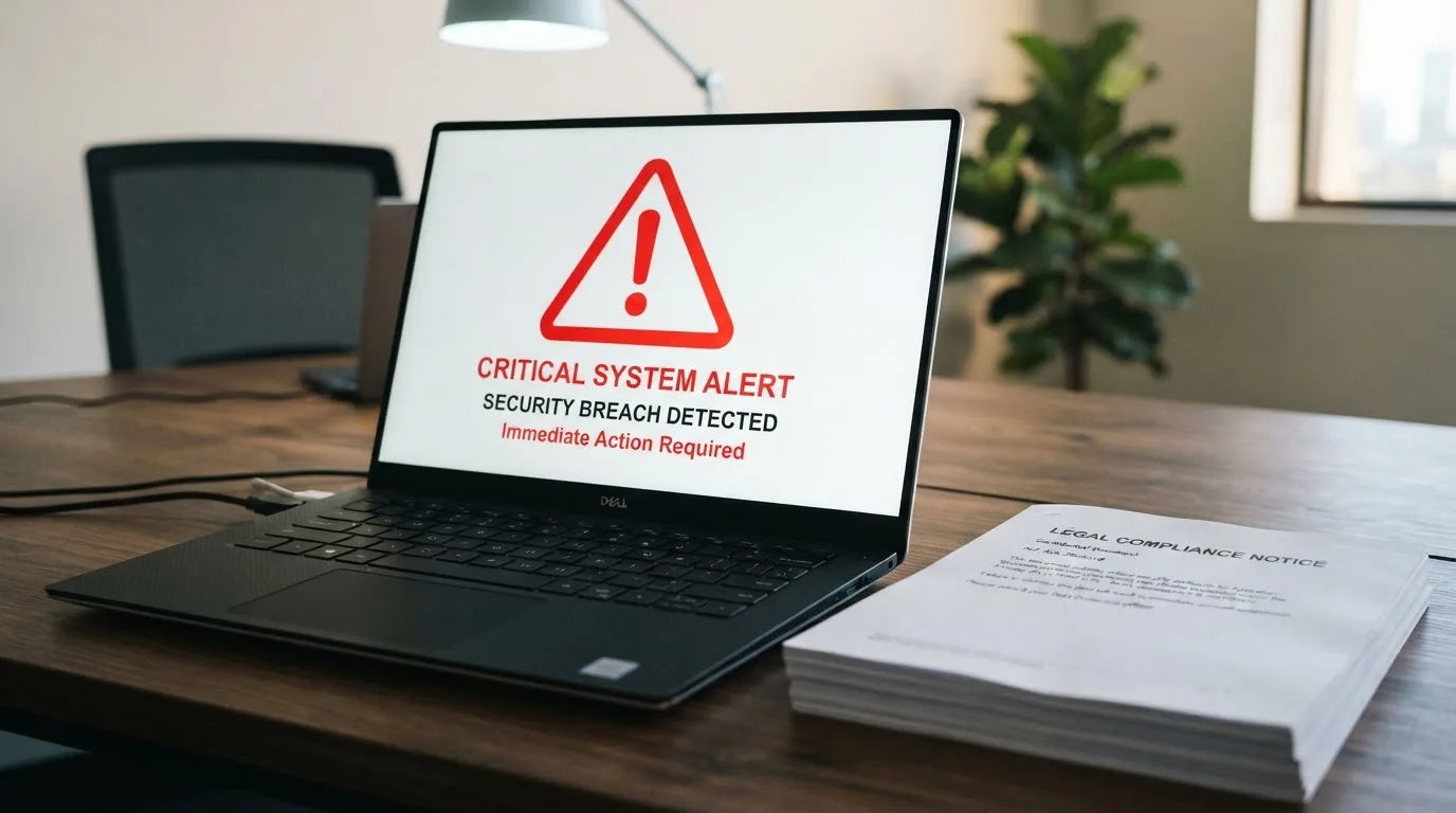 A red triangular warning sign icon on a laptop screen next to a stack of legal papers, symbolising an official caution rather than any specific website.