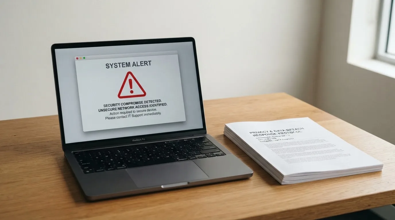 A red triangular warning sign icon on a laptop screen next to a stack of legal papers, symbolising an official caution rather than any specific website.