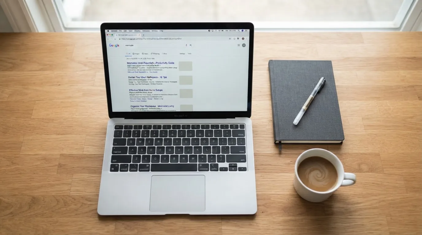 A tidy desk with a laptop open on a plain search-results page, a notebook and a coffee cup beside it, no screens showing any casino branding.