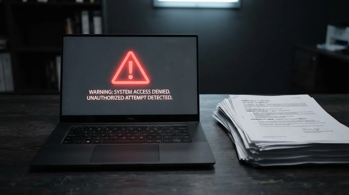 A red triangular warning sign icon on a laptop screen next to a stack of legal papers, symbolising an official caution rather than any specific website.