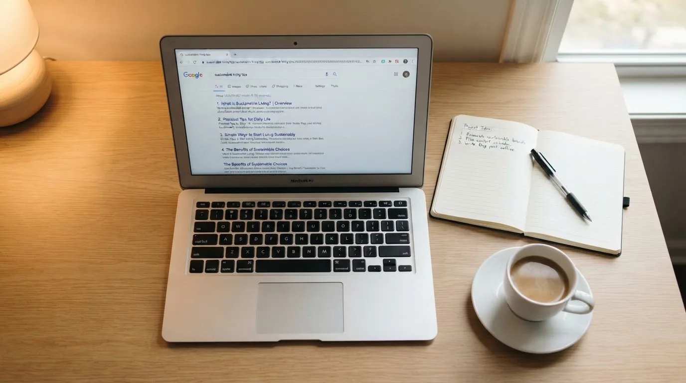 A tidy desk with a laptop open on a plain search-results page, a notebook and a coffee cup beside it, no screens showing any casino branding.