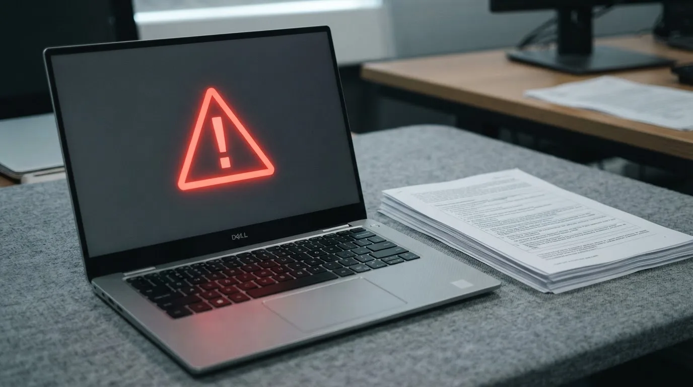A red triangular warning sign icon on a laptop screen next to a stack of legal papers, symbolising an official caution rather than any specific website.