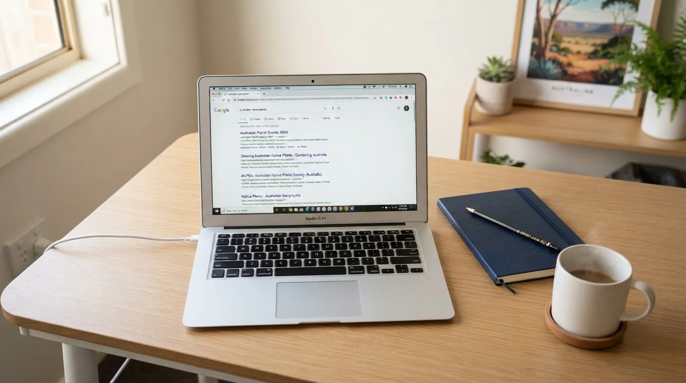 A tidy desk with a laptop open on a plain search-results page, a notebook and a coffee cup beside it, no screens showing any casino branding.