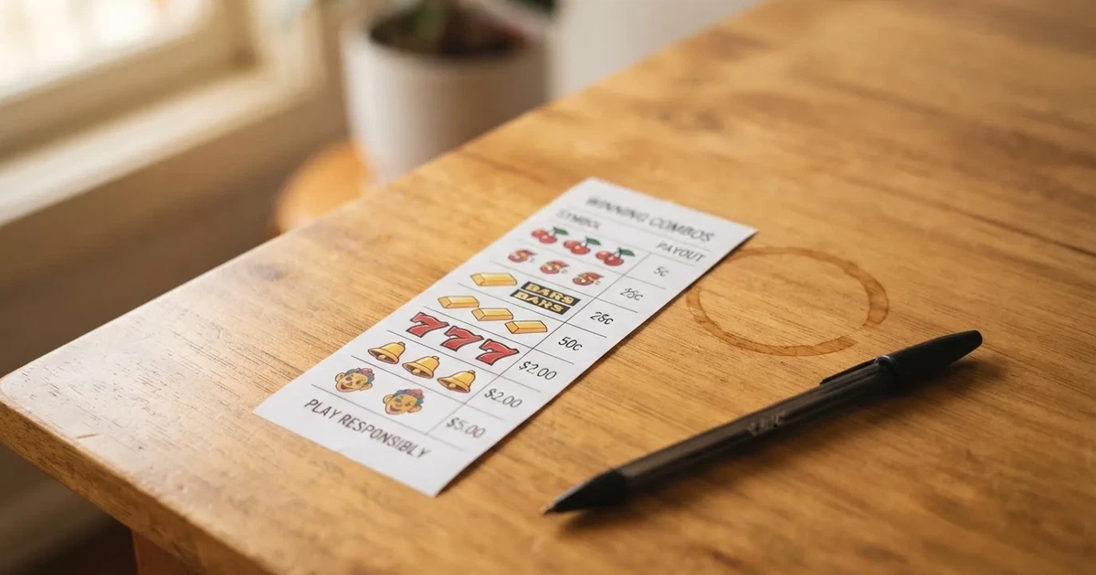 A printed strip of generic slot symbols and payout numbers laid on a desk, like a reference chart rather than a live game.