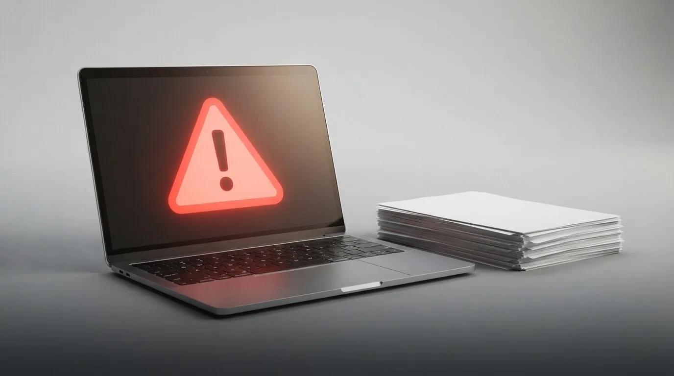 A red triangular warning sign icon on a laptop screen next to a stack of legal papers, symbolising an official caution rather than any specific website.