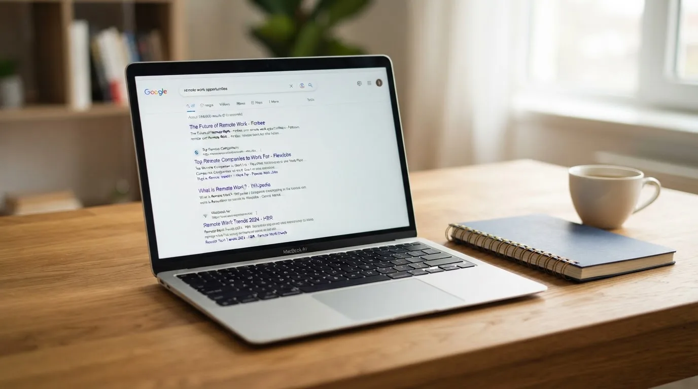 A tidy desk with a laptop open on a plain search-results page, a notebook and a coffee cup beside it, no screens showing any casino branding.
