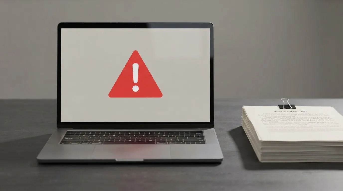 A red triangular warning sign icon on a laptop screen next to a stack of legal papers, symbolising an official caution rather than any specific website.