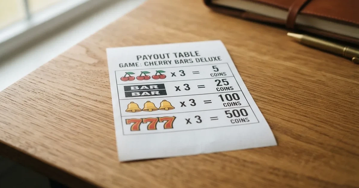 A printed strip of generic slot symbols and payout numbers laid on a desk, like a reference chart rather than a live game.