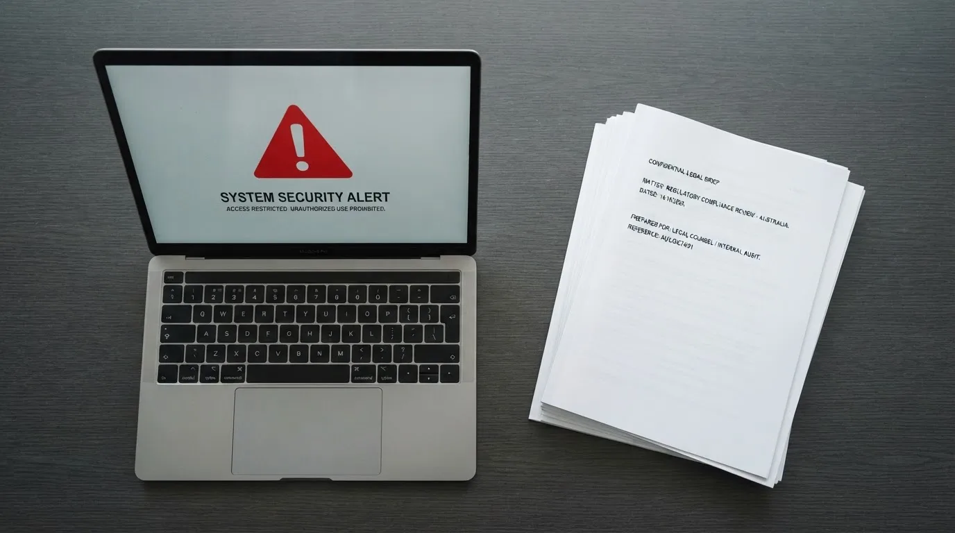 A red triangular warning sign icon on a laptop screen next to a stack of legal papers, symbolising an official caution rather than any specific website.