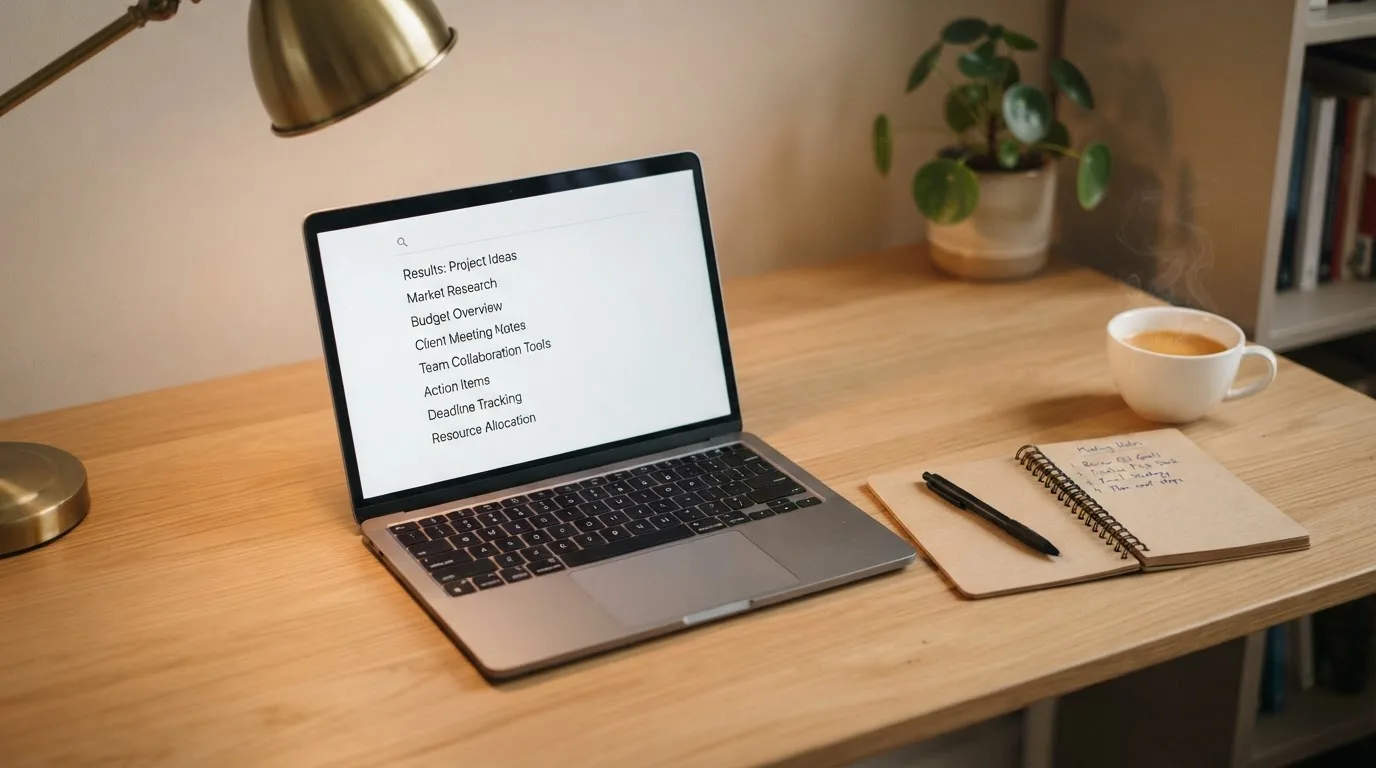 A tidy desk with a laptop open on a plain search-results page, a notebook and a coffee cup beside it, no screens showing any casino branding.