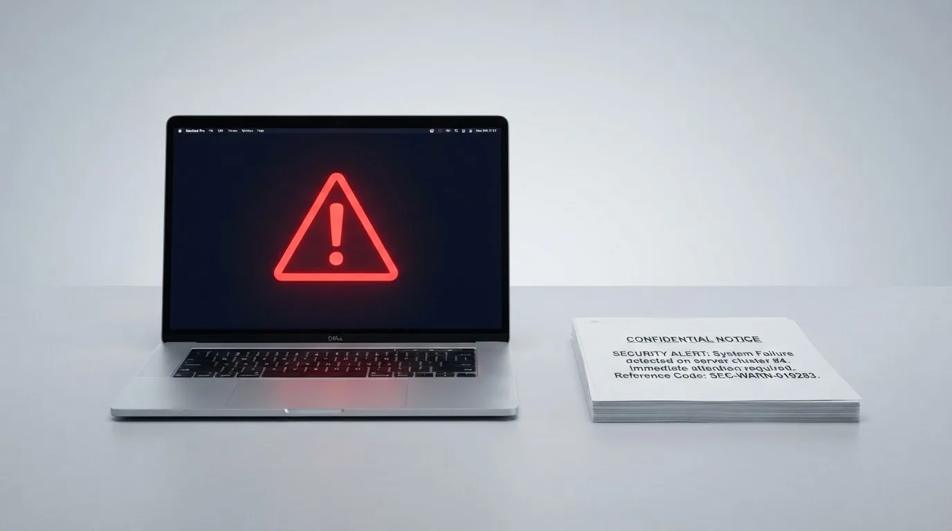 A red triangular warning sign icon on a laptop screen next to a stack of legal papers, symbolising an official caution rather than any specific website.
