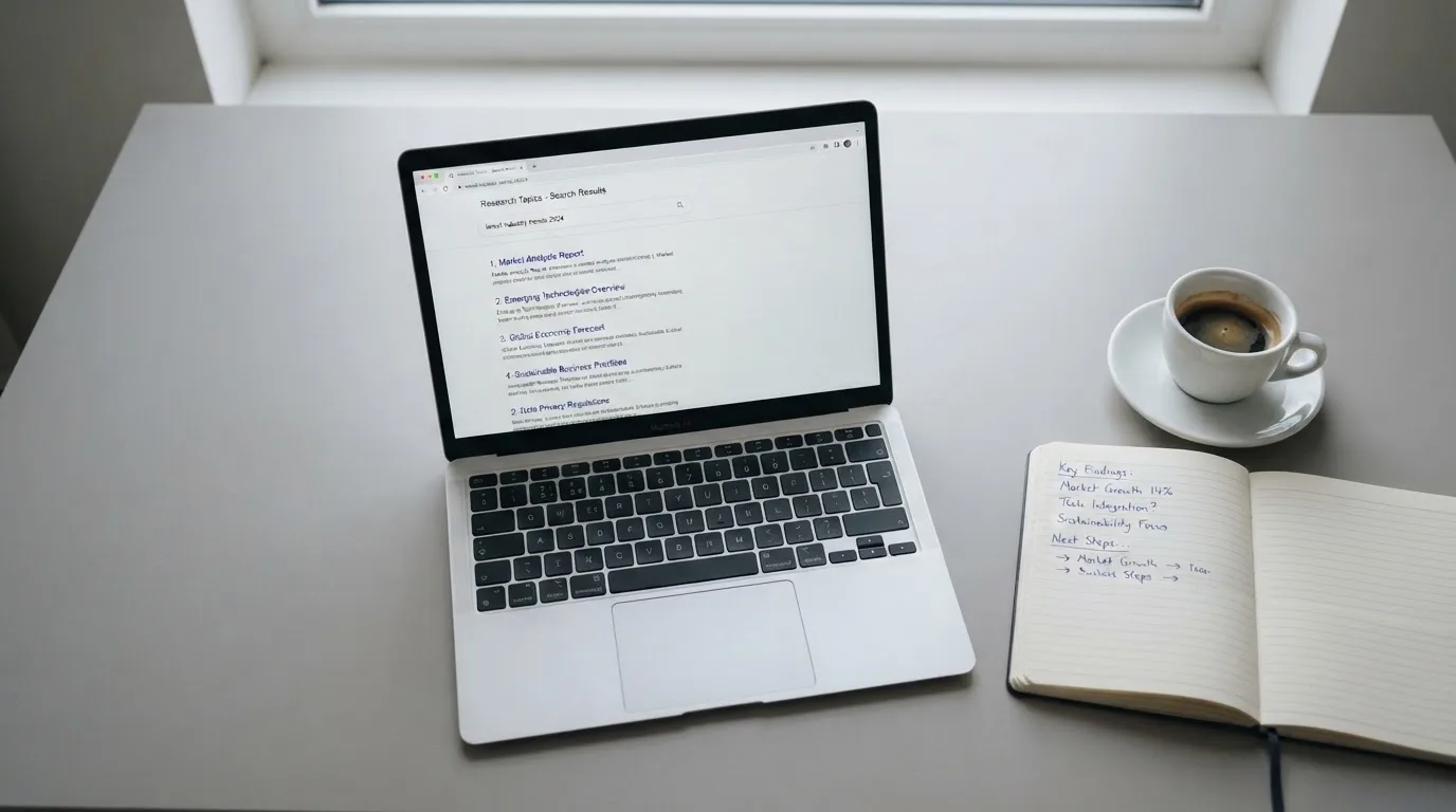 A tidy desk with a laptop open on a plain search-results page, a notebook and a coffee cup beside it, no screens showing any casino branding.