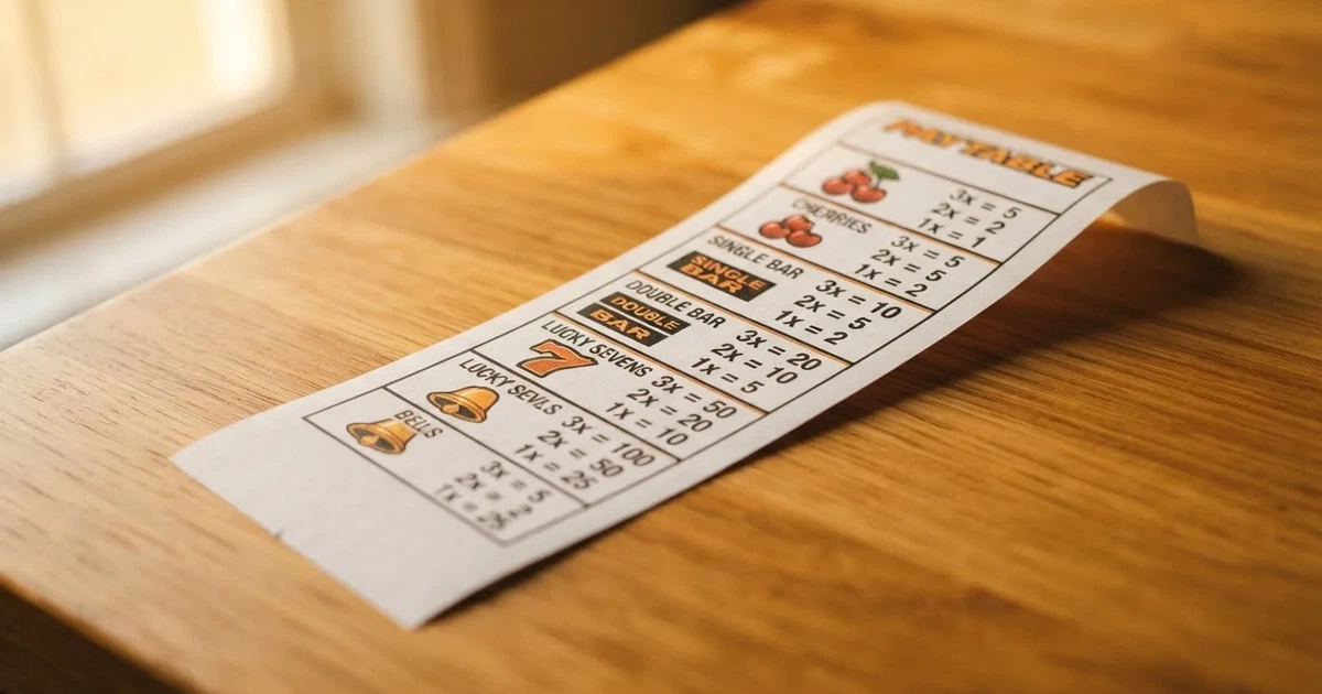 A printed strip of generic slot symbols and payout numbers laid on a desk, like a reference chart rather than a live game.