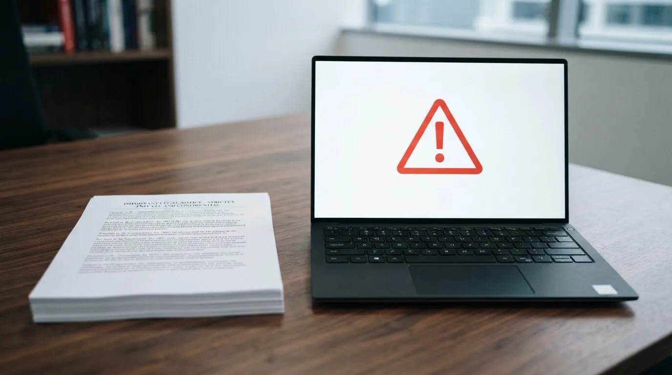 A red triangular warning sign icon on a laptop screen next to a stack of legal papers, symbolising an official caution rather than any specific website.