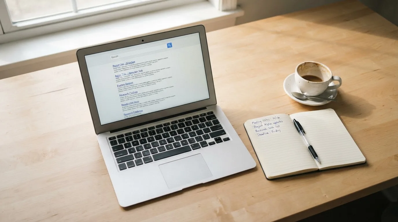 A tidy desk with a laptop open on a plain search-results page, a notebook and a coffee cup beside it, no screens showing any casino branding.
