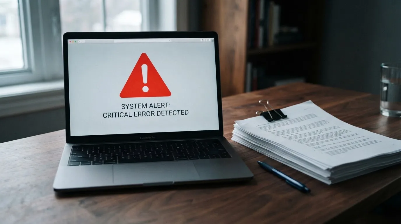 A red triangular warning sign icon on a laptop screen next to a stack of legal papers, symbolising an official caution rather than any specific website.