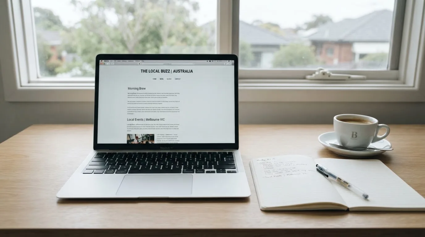 A tidy desk with a laptop open on a plain search-results page, a notebook and a coffee cup beside it, no screens showing any casino branding.