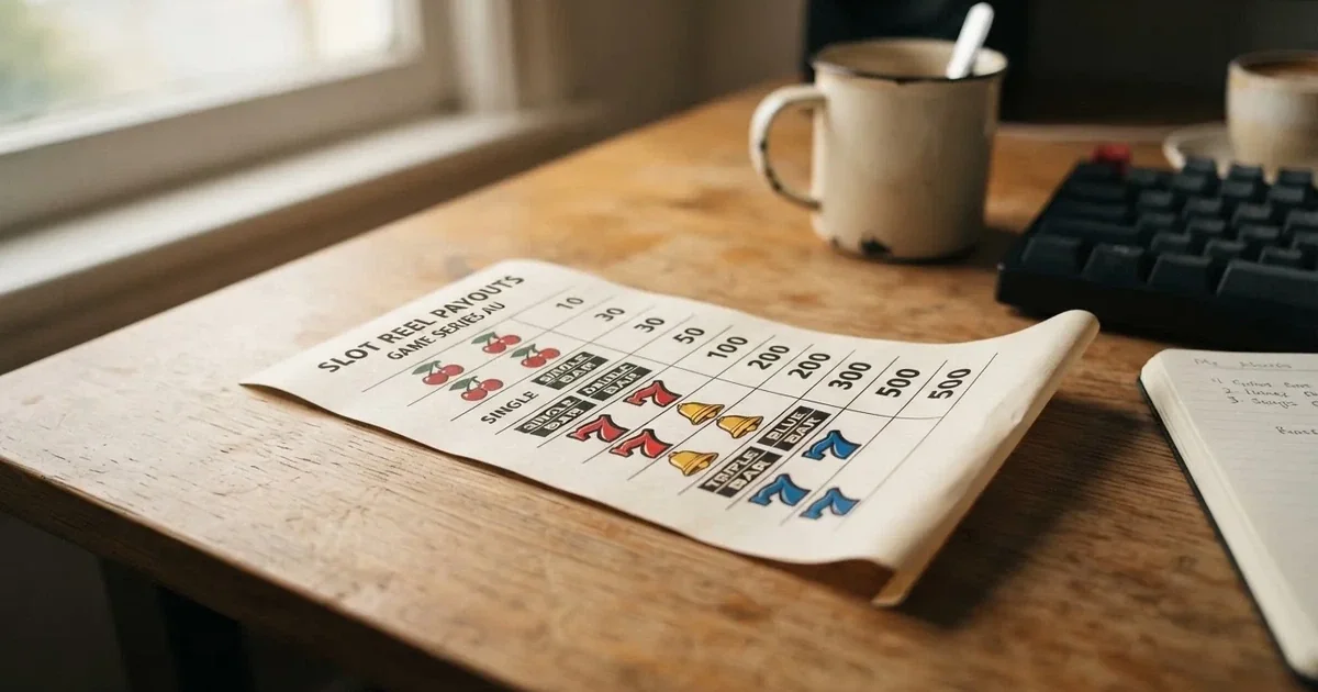 A printed strip of generic slot symbols and payout numbers laid on a desk, like a reference chart rather than a live game.