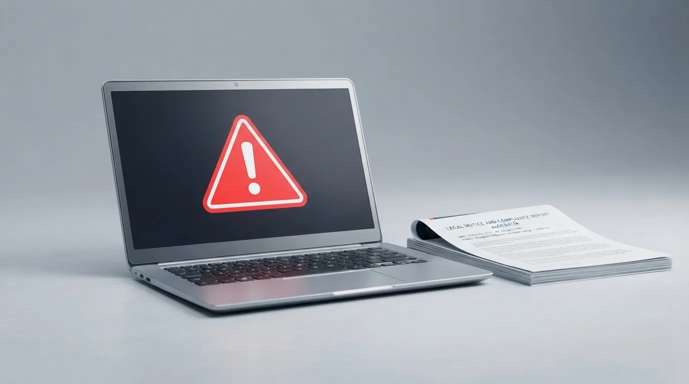 A red triangular warning sign icon on a laptop screen next to a stack of legal papers, symbolising an official caution rather than any specific website.