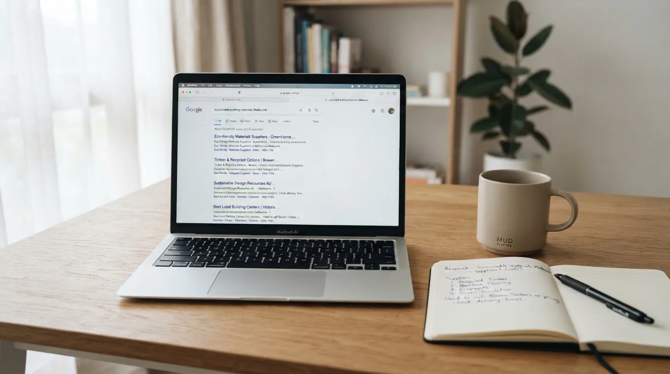 A tidy desk with a laptop open on a plain search-results page, a notebook and a coffee cup beside it, no screens showing any casino branding.