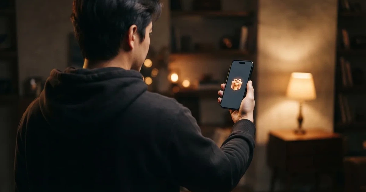 A gift box icon glowing on a phone screen, held at arm's length, suggesting an unopened offer rather than an active game.