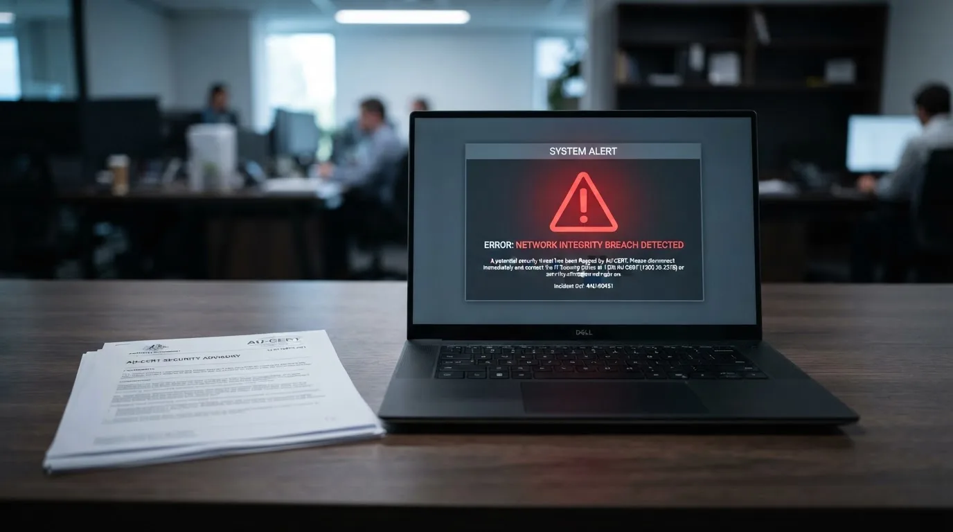 A red triangular warning sign icon on a laptop screen next to a stack of legal papers, symbolising an official caution rather than any specific website.