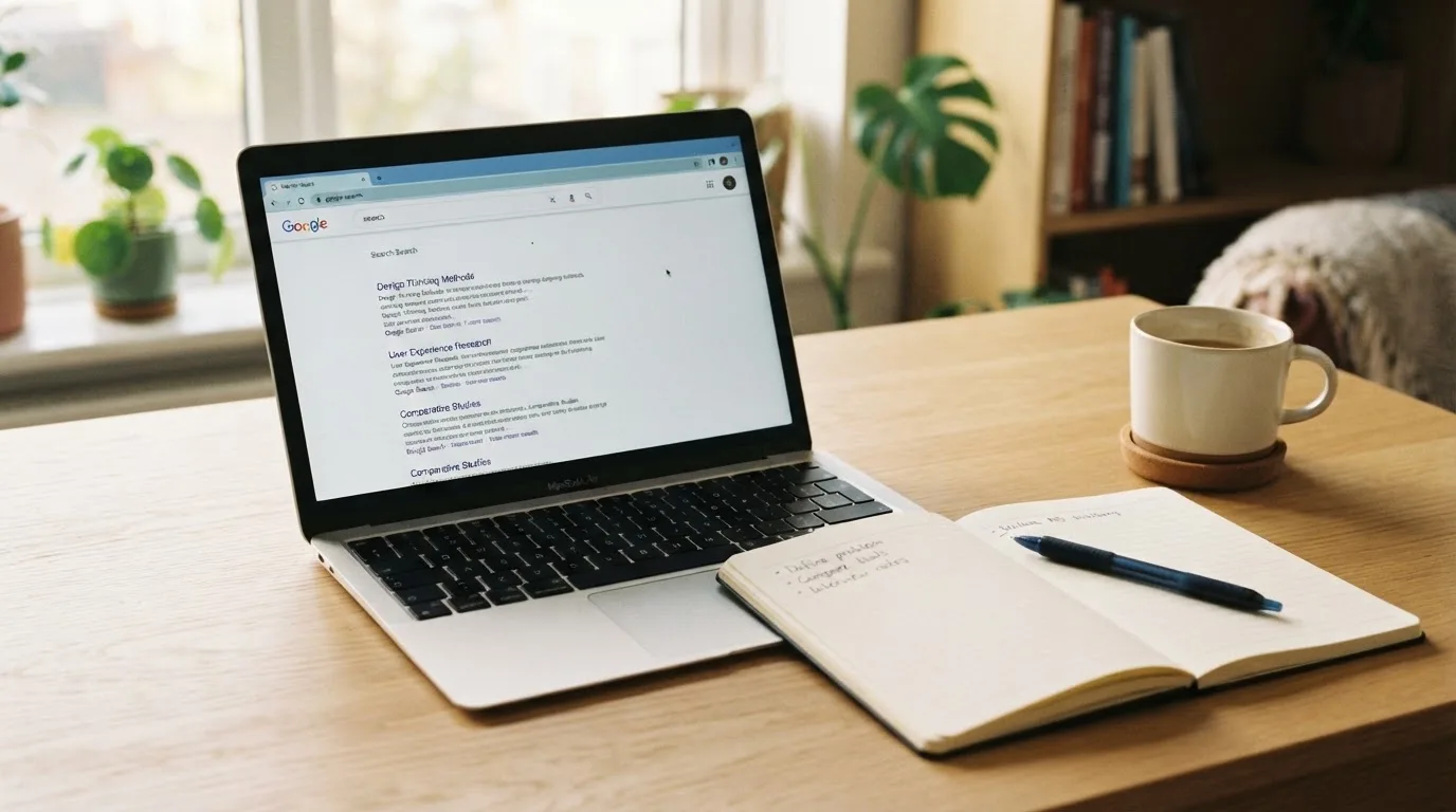 A tidy desk with a laptop open on a plain search-results page, a notebook and a coffee cup beside it, no screens showing any casino branding.