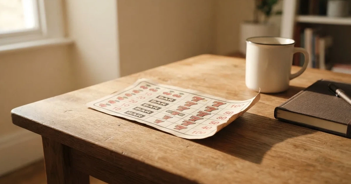 A printed strip of generic slot symbols and payout numbers laid on a desk, like a reference chart rather than a live game.