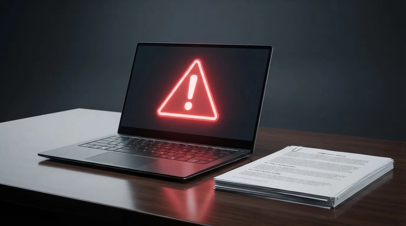 A red triangular warning sign icon on a laptop screen next to a stack of legal papers, symbolising an official caution rather than any specific website.
