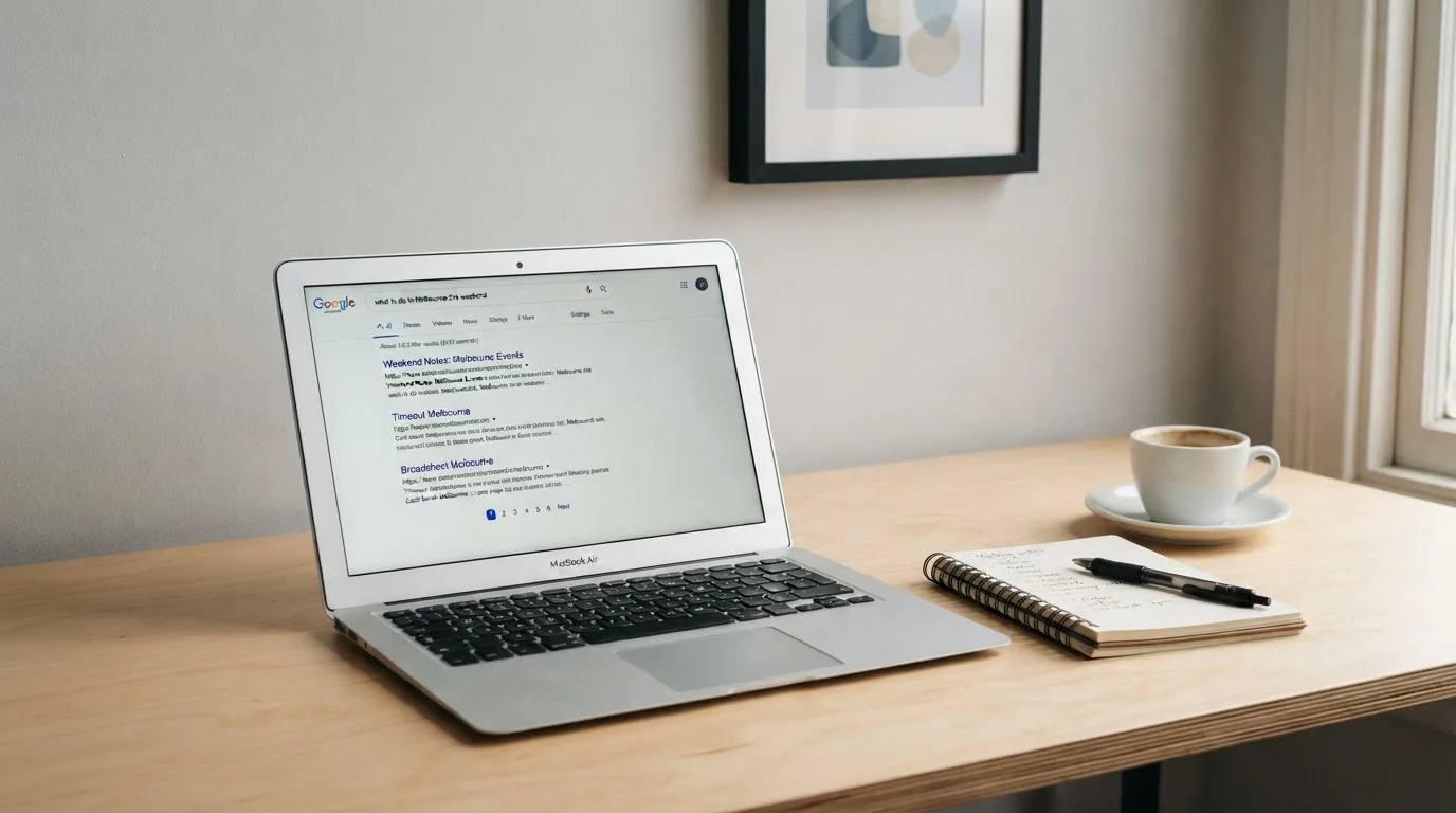 A tidy desk with a laptop open on a plain search-results page, a notebook and a coffee cup beside it, no screens showing any casino branding.