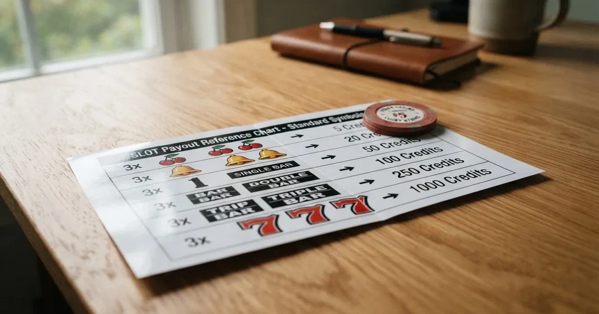 A printed strip of generic slot symbols and payout numbers laid on a desk, like a reference chart rather than a live game.