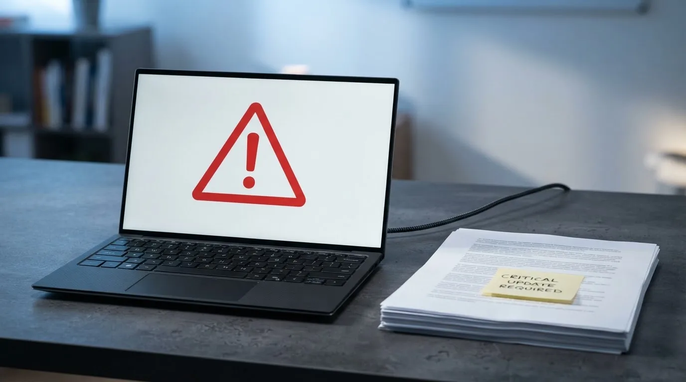A red triangular warning sign icon on a laptop screen next to a stack of legal papers, symbolising an official caution rather than any specific website.
