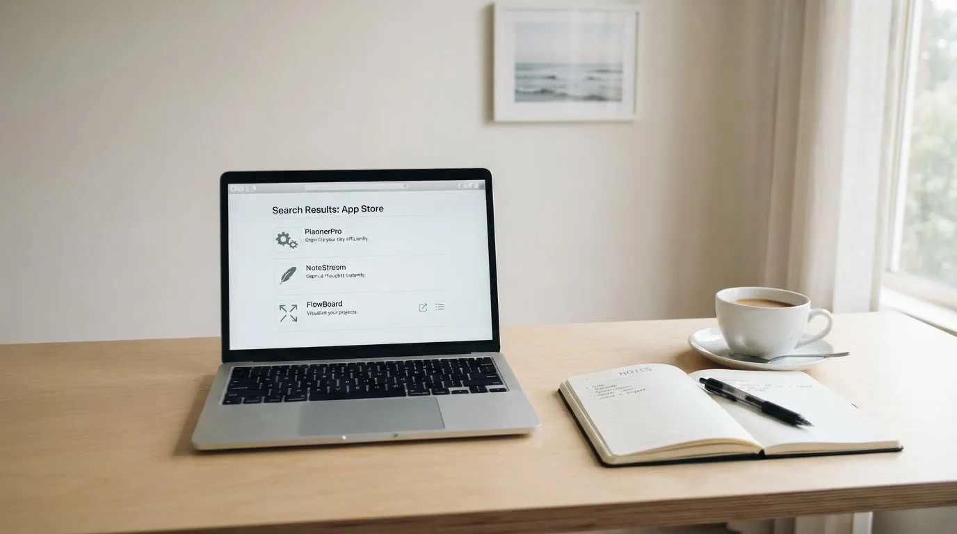 A tidy desk with a laptop open on a plain search-results page, a notebook and a coffee cup beside it, no screens showing any casino branding.