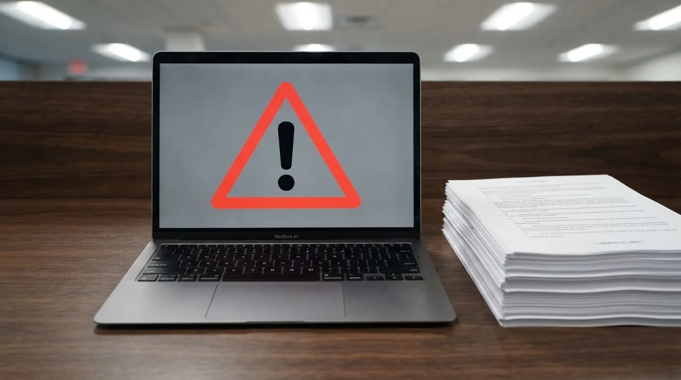 A red triangular warning sign icon on a laptop screen next to a stack of legal papers, symbolising an official caution rather than any specific website.