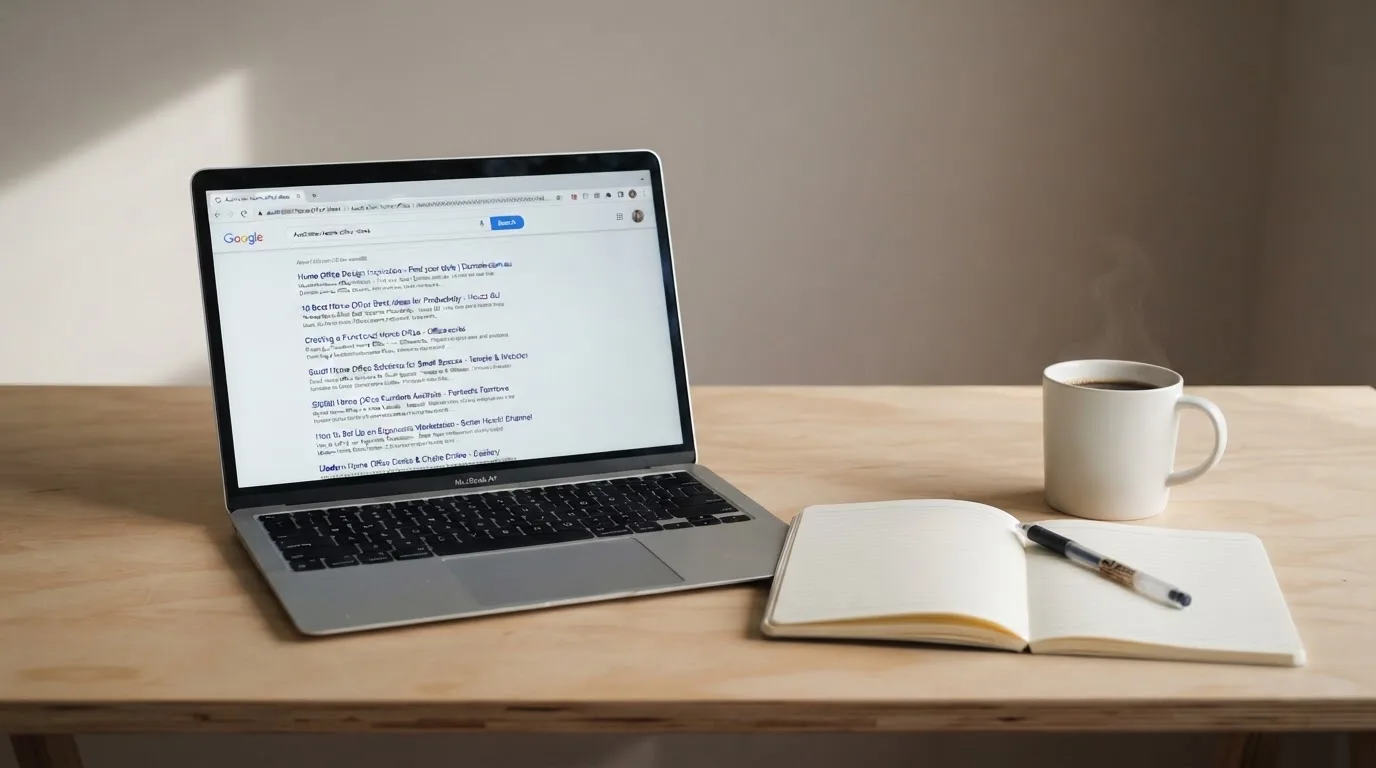 A tidy desk with a laptop open on a plain search-results page, a notebook and a coffee cup beside it, no screens showing any casino branding.
