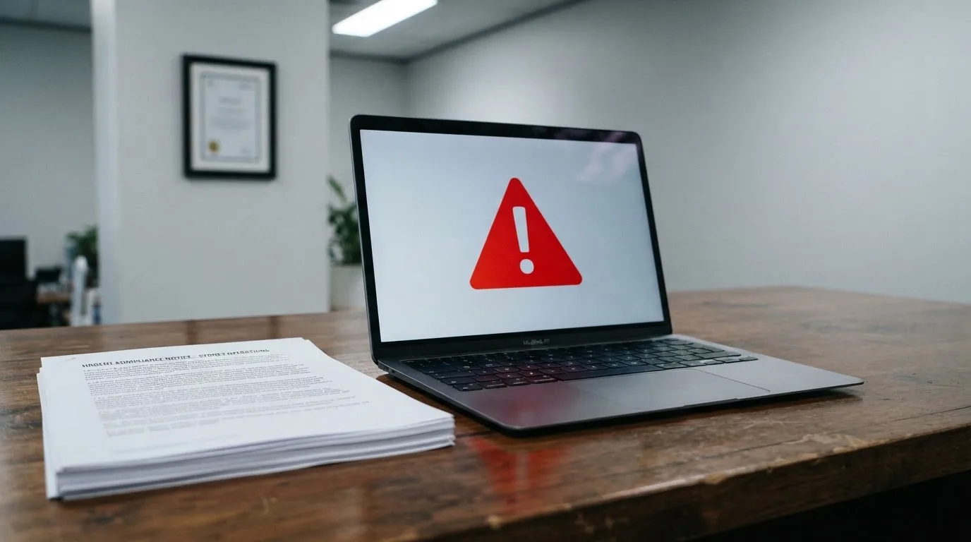 A red triangular warning sign icon on a laptop screen next to a stack of legal papers, symbolising an official caution rather than any specific website.