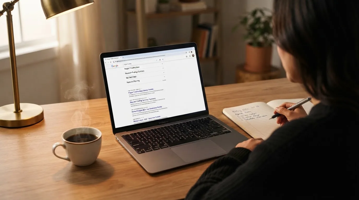 A tidy desk with a laptop open on a plain search-results page, a notebook and a coffee cup beside it, no screens showing any casino branding.