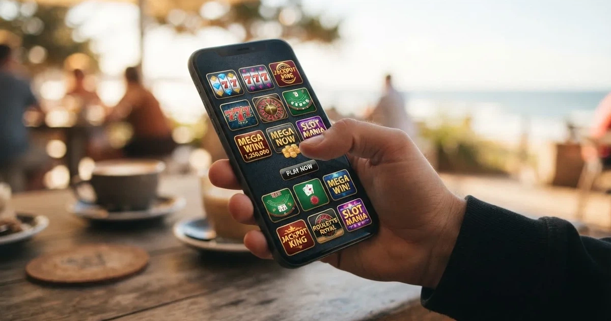 A hand tapping a smartphone screen showing generic app icons, none of them branded.