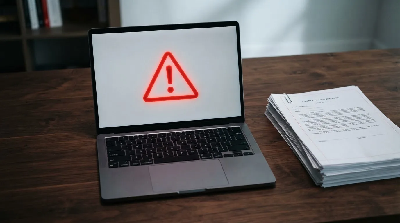 A red triangular warning sign icon on a laptop screen next to a stack of legal papers, symbolising an official caution rather than any specific website.