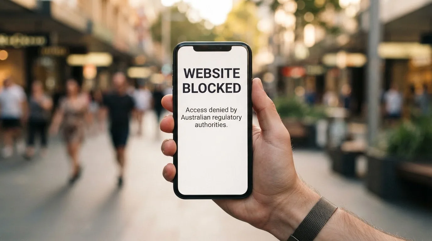 A smartphone screen showing a plain government warning notice about a blocked website, held against a blurred background.