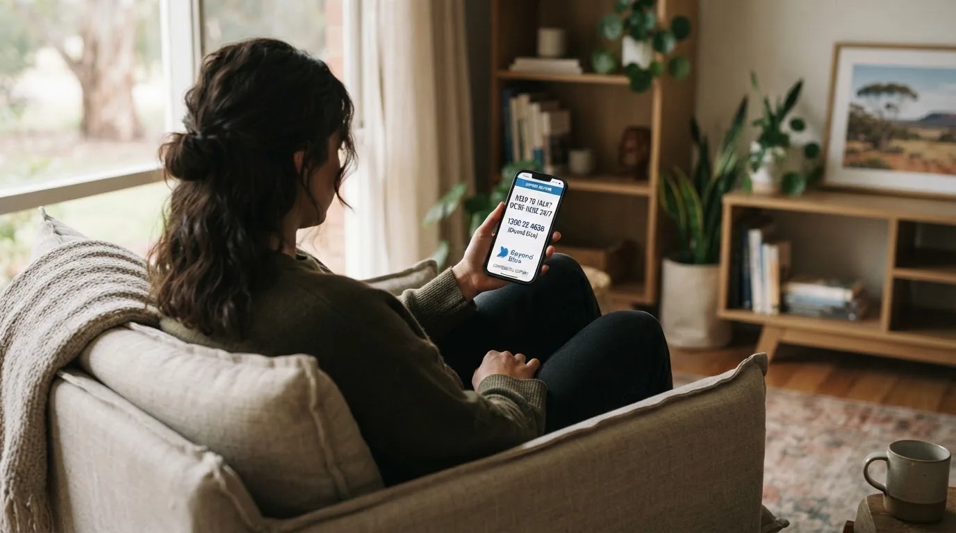 A person sitting calmly with a phone open to a support helpline page, no gaming screen visible.