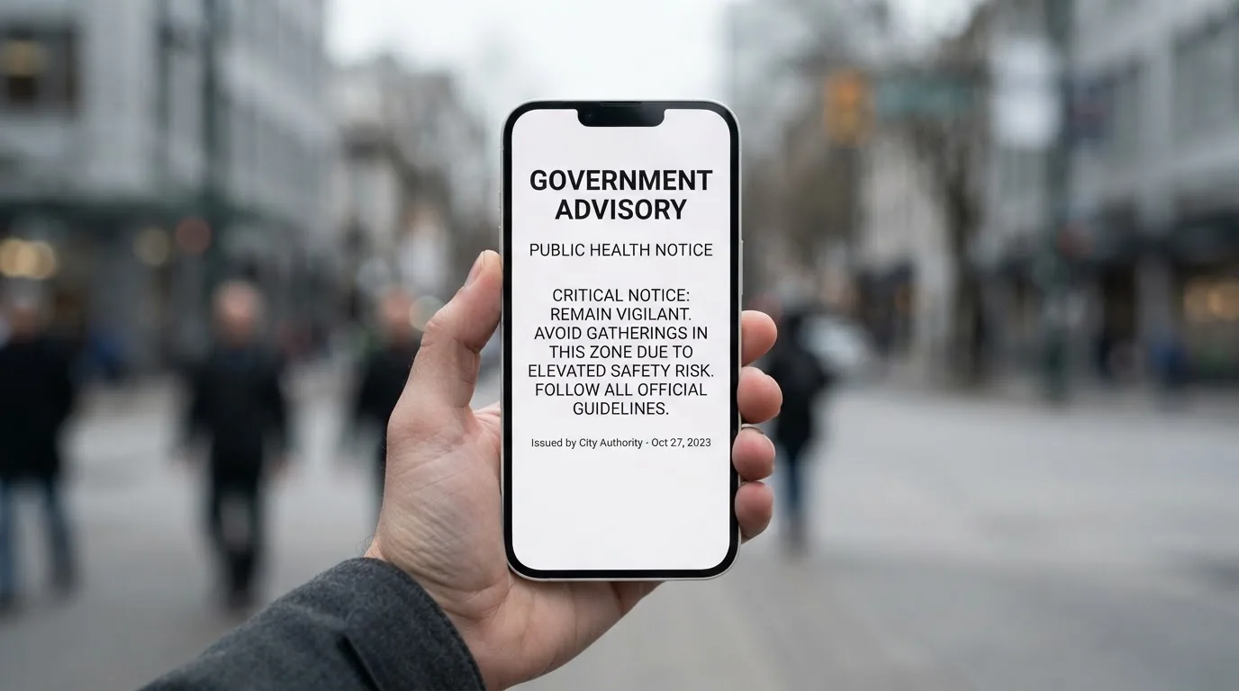 A smartphone screen showing a plain government warning notice about a blocked website, held against a blurred background.