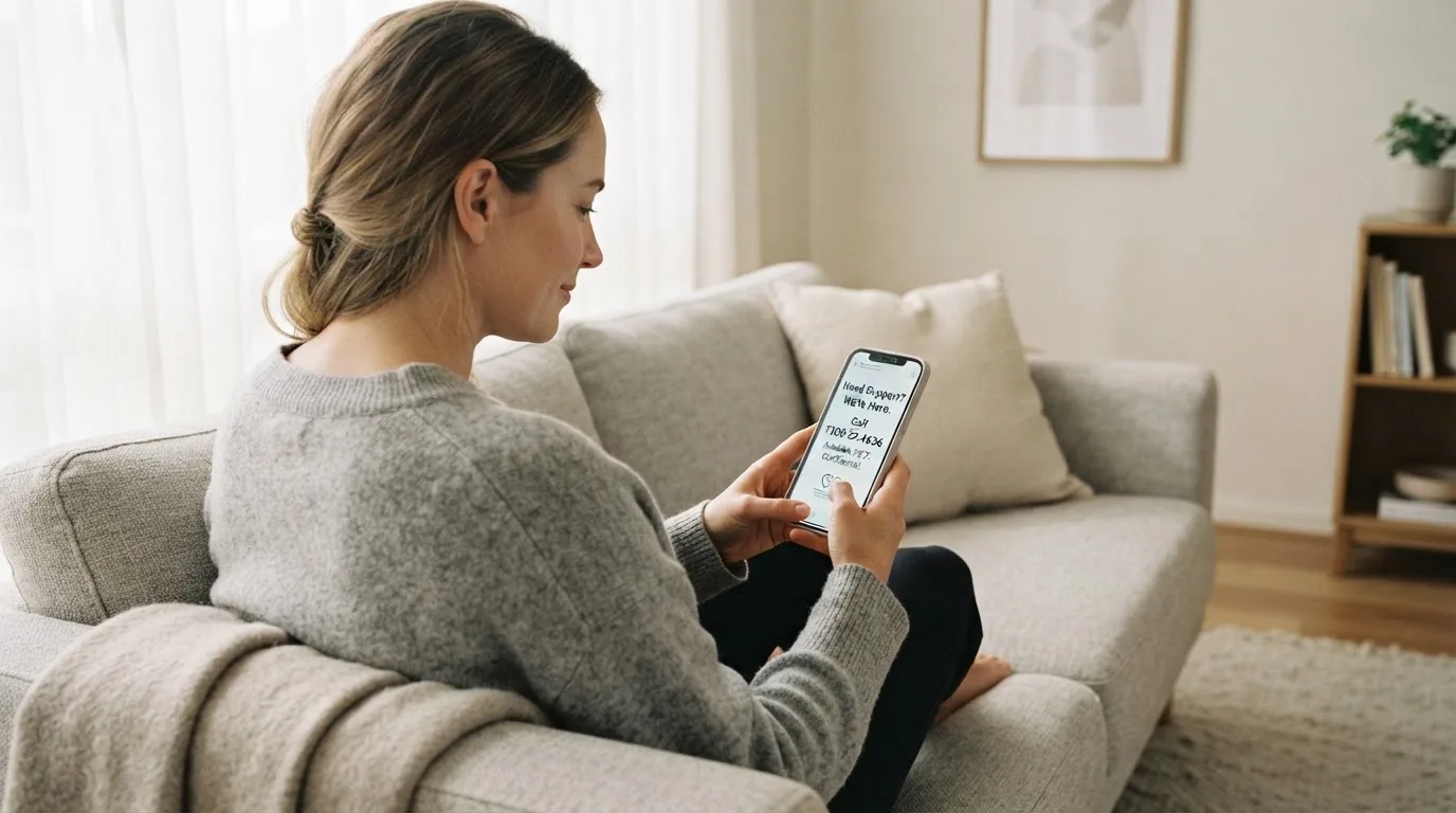 A person sitting calmly with a phone open to a support helpline page, no gaming screen visible.