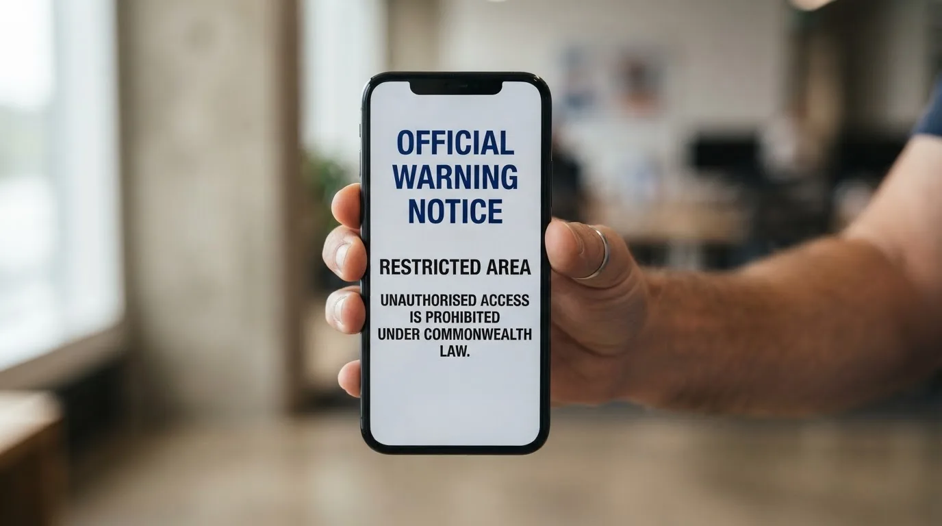 A smartphone screen showing a plain government warning notice about a blocked website, held against a blurred background.