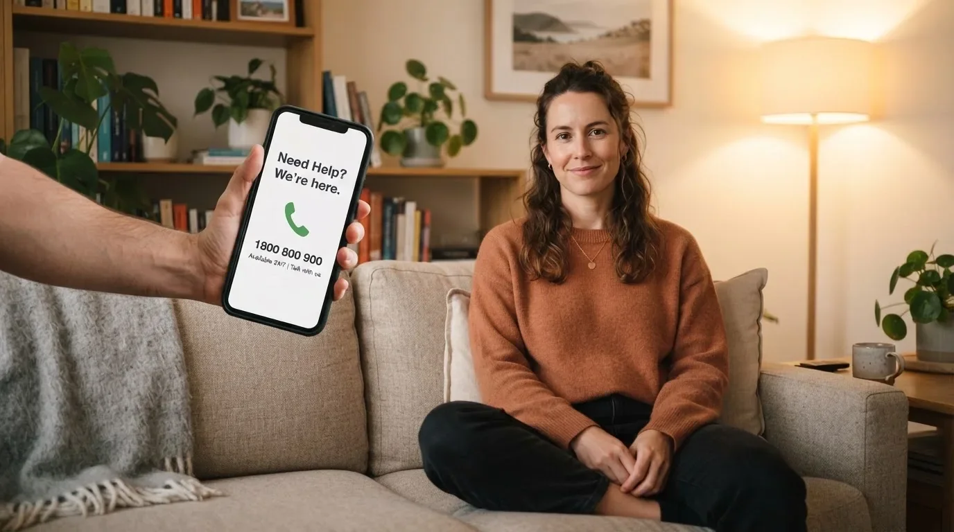 A person sitting calmly with a phone open to a support helpline page, no gaming screen visible.