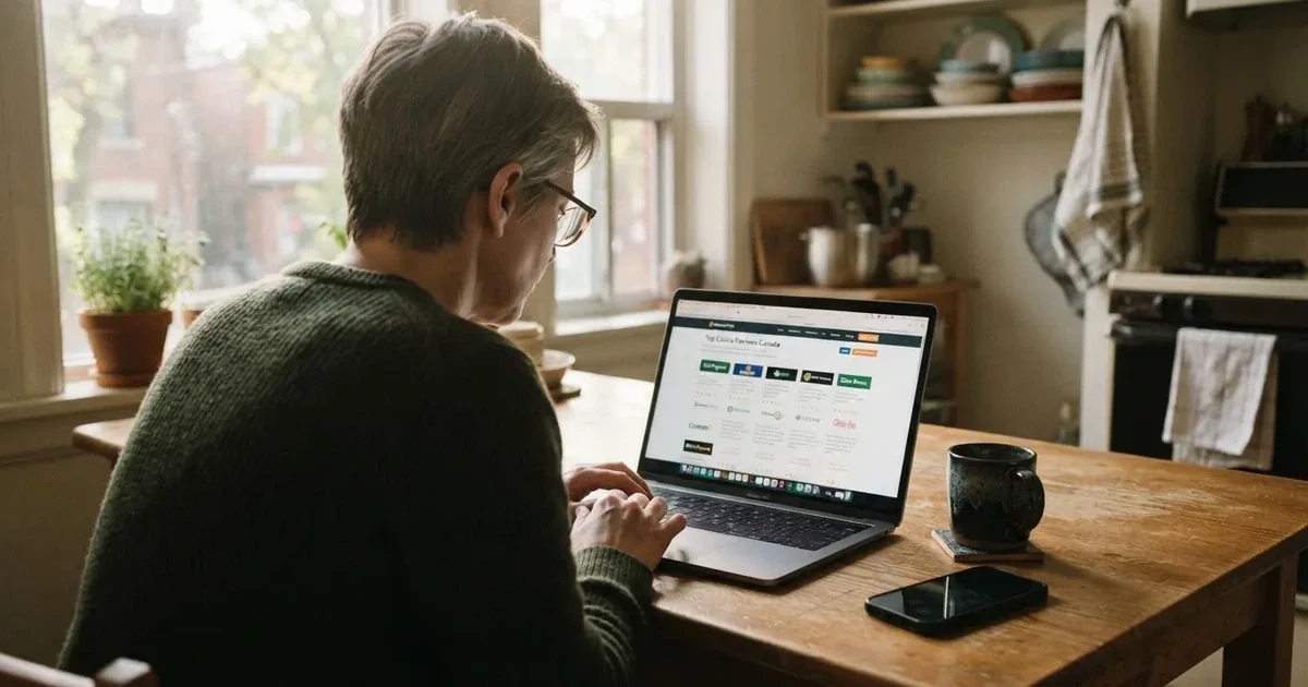 A person at a kitchen table scrolling through review pages on a laptop, phone face-down beside them.