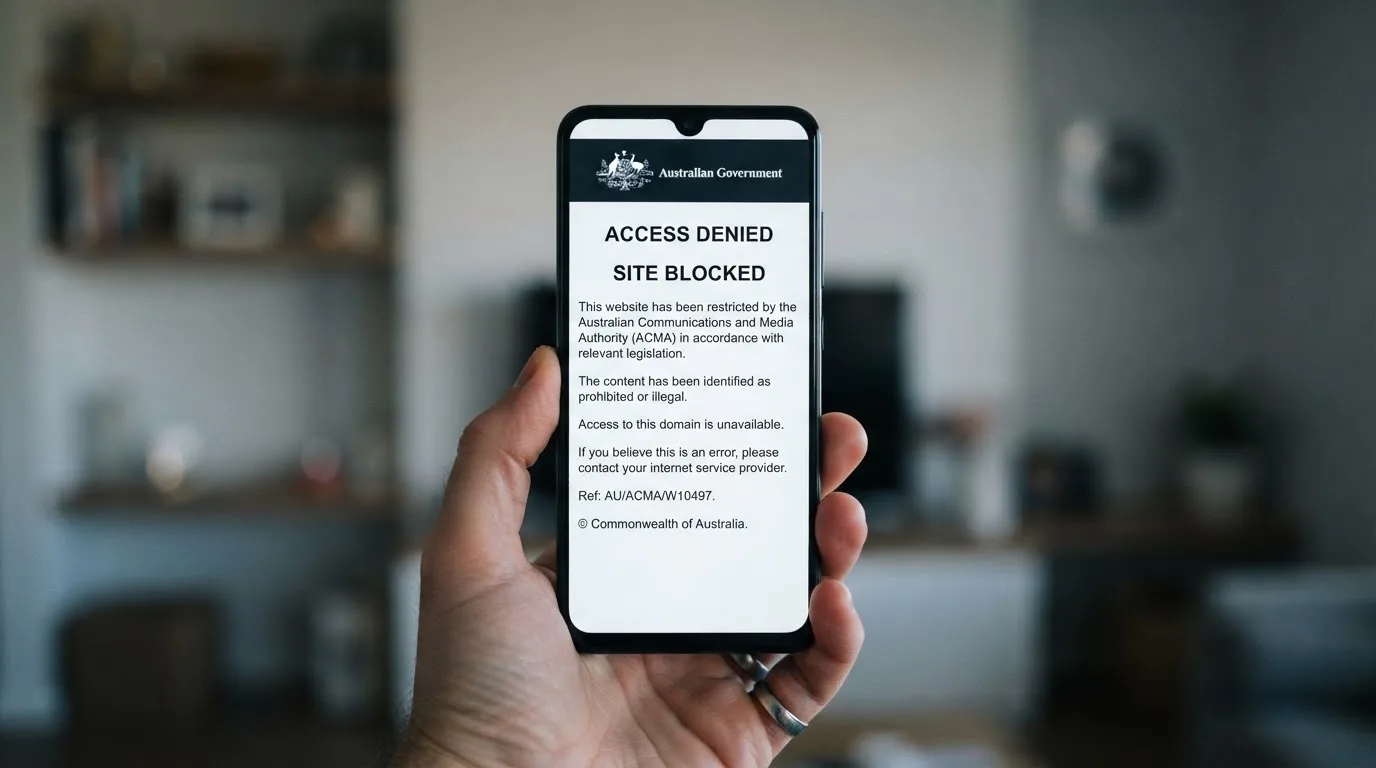A smartphone screen showing a plain government warning notice about a blocked website, held against a blurred background.