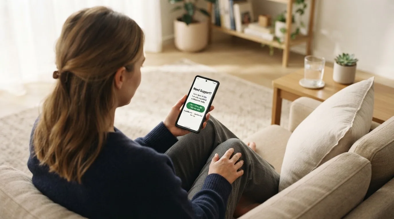 A person sitting calmly with a phone open to a support helpline page, no gaming screen visible.